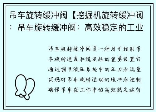 吊车旋转缓冲阀【挖掘机旋转缓冲阀：吊车旋转缓冲阀：高效稳定的工业装备】